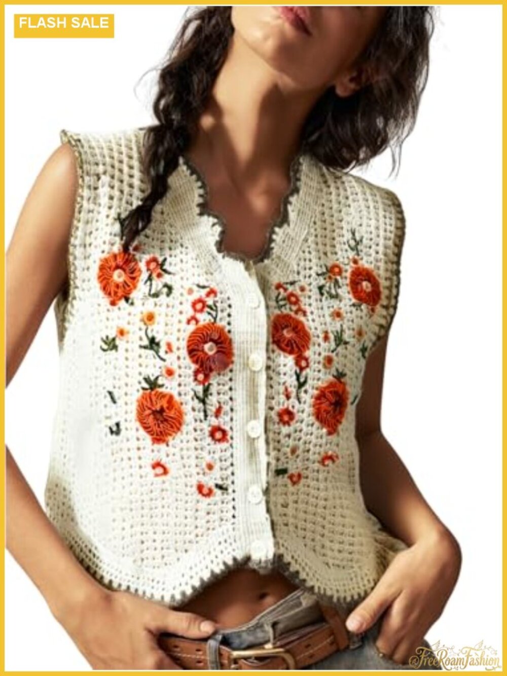 Women's Embroidered Knit Tank Vest with Floral Pattern - Apricot